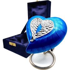 Keepsake Heart Cremation Blue Urn for Human or Pet Ashes Angel Wings New