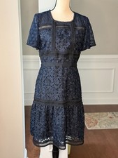 Ann Taylor Navy Blue Black Lace Short Sleeve Fit & Flare Dress Womens Size 2