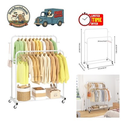 High-Quality Double Rod Clothing Rack with Lockable Wheels - White Finish