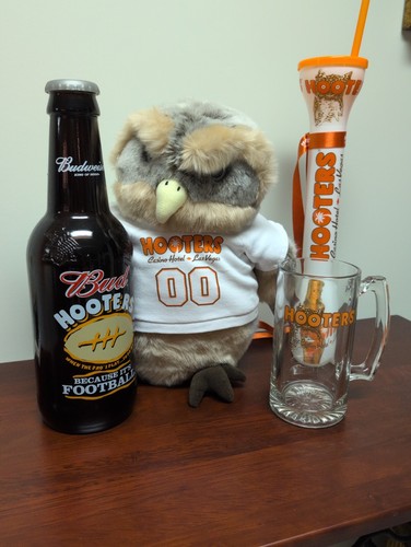 Hooters Lot- Bud Football Bottle, Stuffed Owl, Beer Mug, Drink Holder