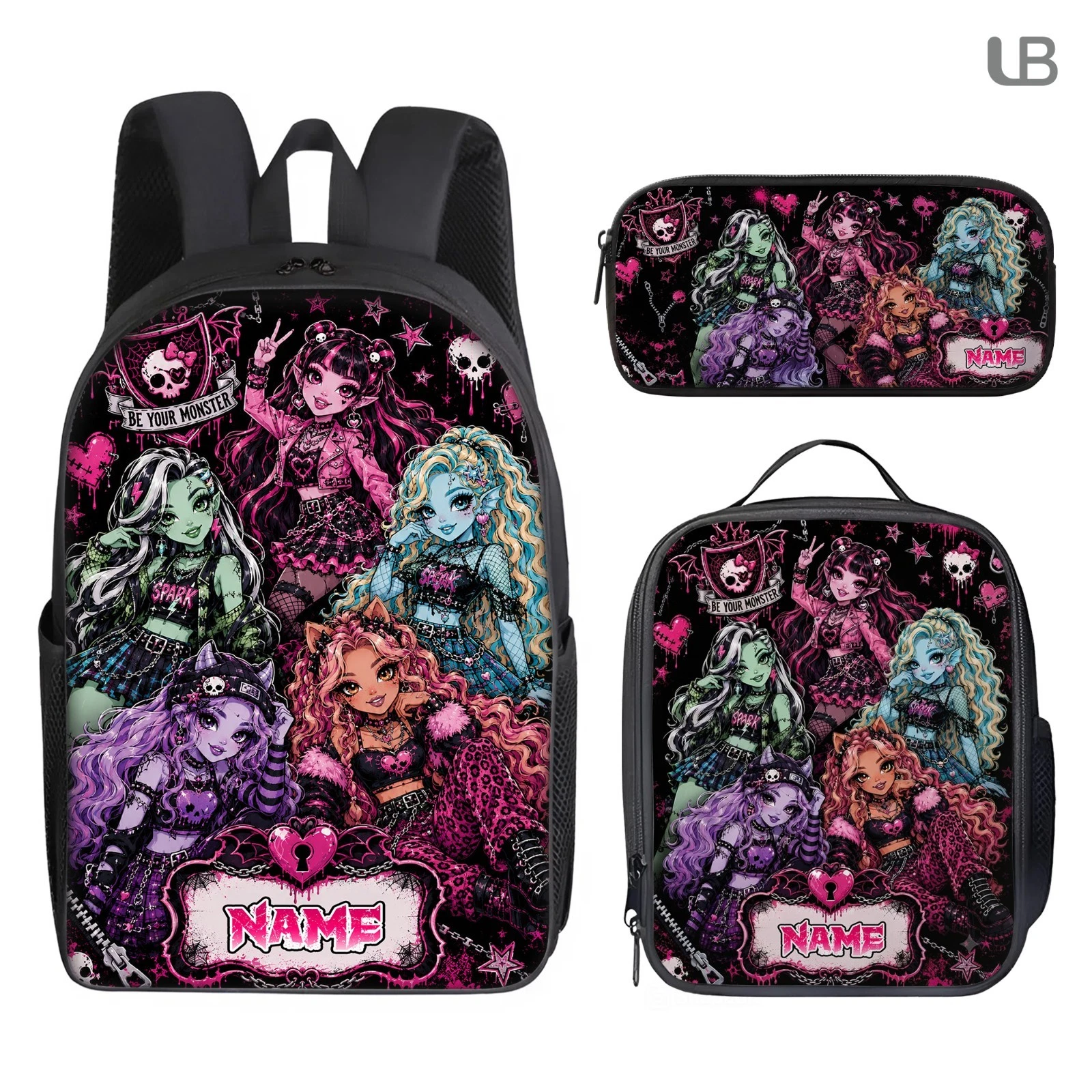 Custom Dark Fantasy Girl Backpack Lunch Bag Pencil Case Set