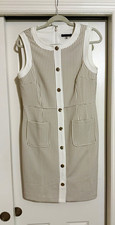Tommy Hilfiger Women's 10 White Beige Check Sheath Crew Button Pockets Dress
