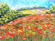 Abstract Landscape Oil Painting. Poppy Field And Forest Painting. Without frame.21х15 cm