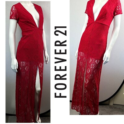 NWT Forever 21 Perfectly Sexy Extreme Low Cut Busty Red hot Vamp Lace Maxi Dress