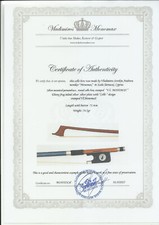 Certificate ONLY for Pernambuco Cello bow, frog with silver "Cello"design