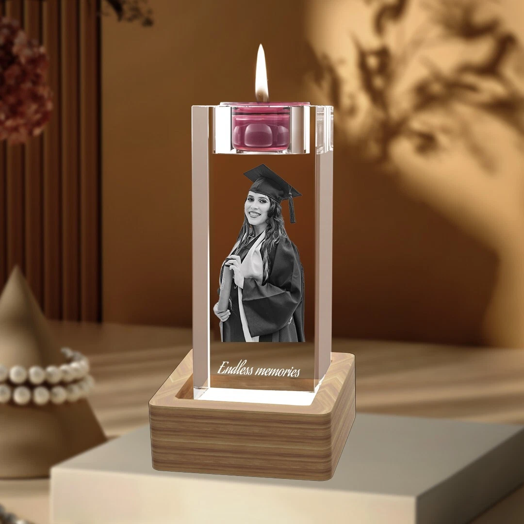 3D Crystal Candle Holder, Personalised Birthday Christmas Wedding 3D Photo Gifts