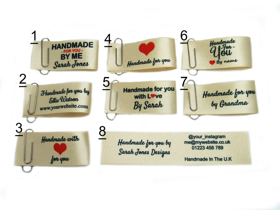 CAMBRIDGE PERSONALISED Handmade for you sew in craft business labels for fabric satin ribbon in cream