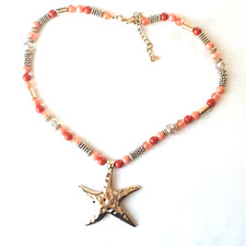 Starfish Pendant Necklace Orange Beaded Goldtone "19 3" extension