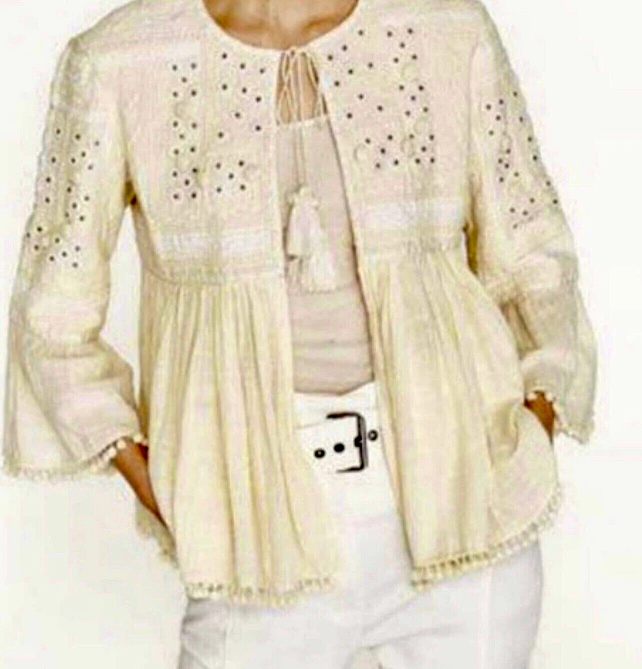 Fabulosa Chaqueta de Gasa Bordada de Algodón Marfil con Borlas Pom XS Foto 2 de 4