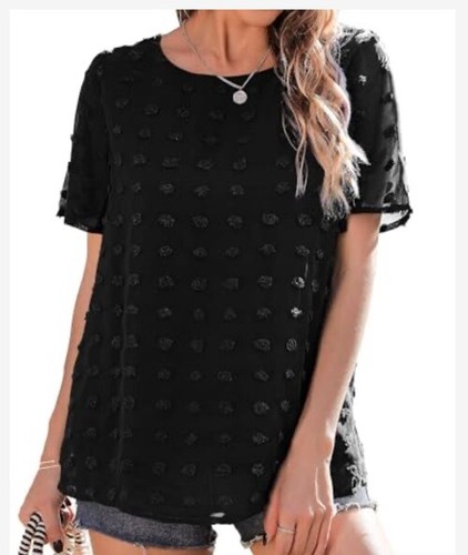 Neineiwu Women's Size Med Chiffon Blouse Round Neck Short Sleeve Pom Pom Black