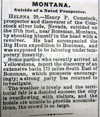 1870 newspaper DEATH o HENRY COMSTOCK Discovered THE COMSTOCK SILVER LODE Nevada