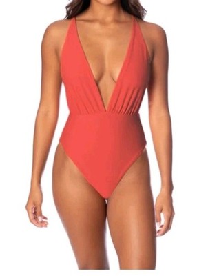 Maaji Red Camelia Safri Plunge One Piece Swimsuit Size M