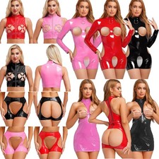 Women's Wet Look Patent Leather Hollow Out Bodysuit Open Crotch Leotard Clubwear
