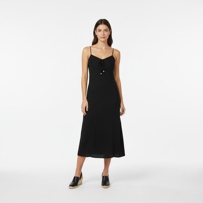 Esprit Vintage Black Linen Cotton Smocked Midi Dress Boho Minimalist