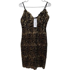 GUESS Black Gold Floral Lace Scalloped Trim Spaghetti Strap Mini Dress M Party