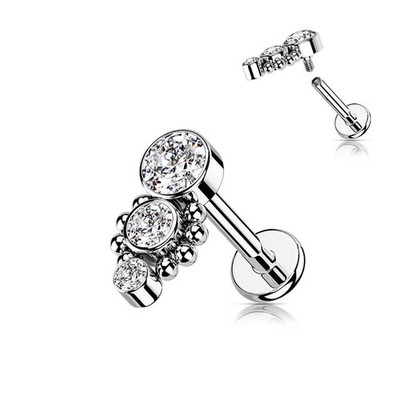 Labret Piercing 1,2mm Silber 3 Zirkonia Innengewinde Ohrpiercing Helix Tragus