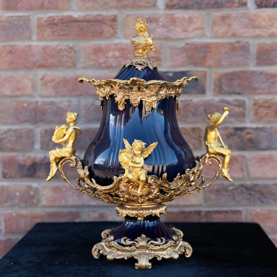 A Large Cobalt and Brass Gilded Continental Style Porcelain Vase 52cm Tall - Image 3 of 4