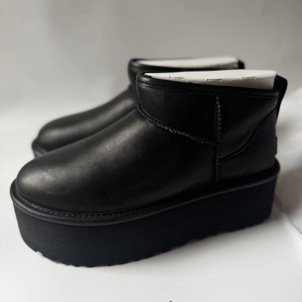 BOTINES UGG CUERO NEGRO CLÁSICO ULTRA MINI PLATAFORMA 2", US 7/ EUR 37 ~NUEVOS Foto 2 de 4