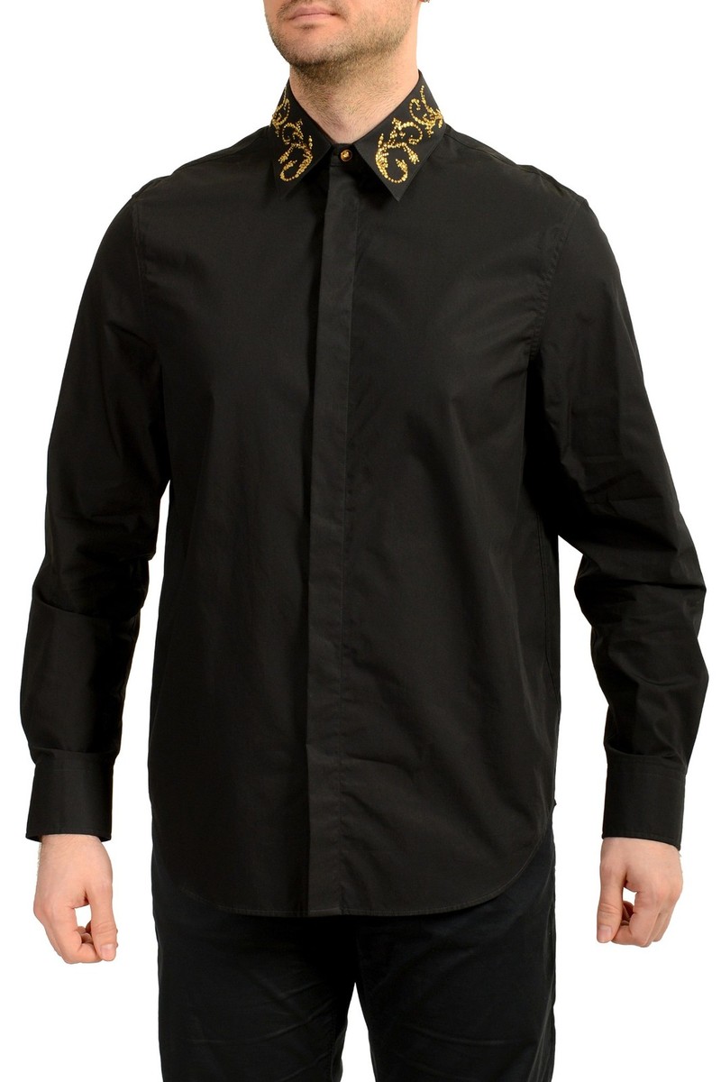 Versace Men's Black & Gold Collar Embellishments Long Sleeve Shirt