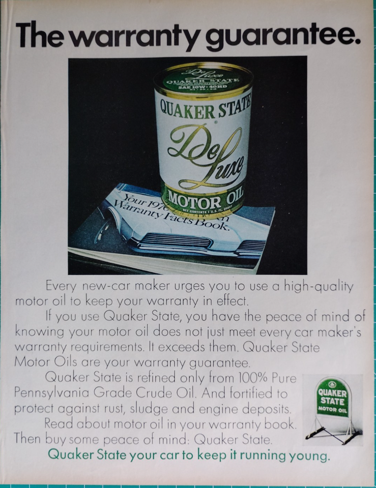 * VTG Retro 1970 Ad Quaker State DeLuxe Motor Oil Guaranteed 100% PA ...