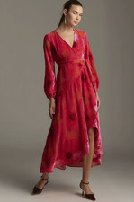 NWOT Hutch Long-Sleeve V-Neck Velvet Wrap Midi Dress Sz S Red Pink #7B602
