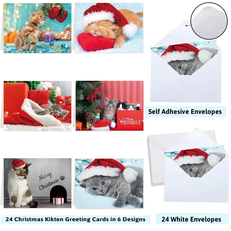 Surtido de tarjetas de Navidad de gatito tarjeta de felicitación navideña con sobres 24 piezas Foto 2 de 4