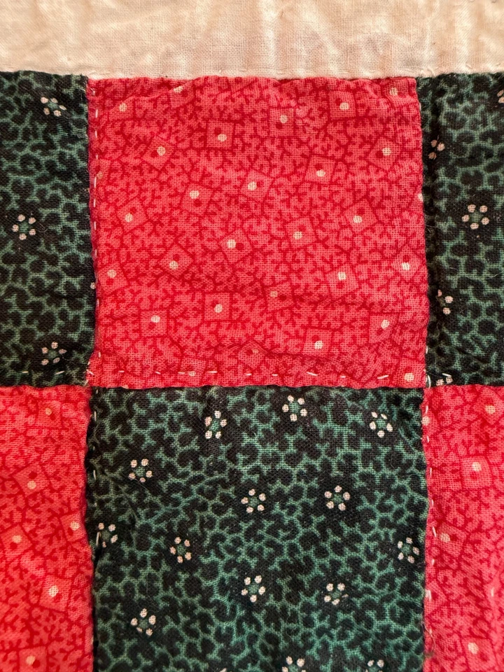 Gorgeous Handmade Antique Nine Patch Quilt 60"x78" Dark Green & Red WOW! - Image 3 of 4