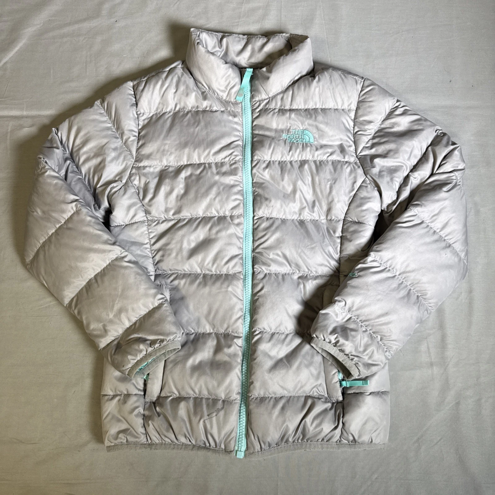The North Face 550 Down Puffer Jacket Girls M (10-12) Gray Light Blue Full Zip