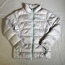 The North Face 550 Down Puffer Jacket Girls M 10-12 Gray Light Blue Full Zip