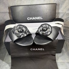 CHANEL Vintage CC Logo Camellia Leather Flat Slide Sandals Size 7 Black