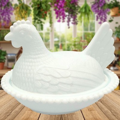 Vintage MCM Indiana Glass White Milk Glass Hen on Nest 7'' Candy Dish Beaded Rim
