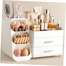 Makeup Organizer with Brush Holder for Vanity Plastic Bathroom Large All White