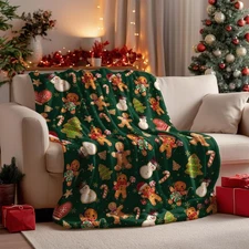 Christmas flannel blanket with green gingerbread man and Christmas bear pattern