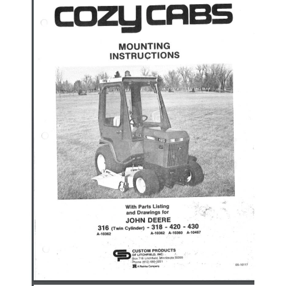 Cozy Cab to John Deere 318 420 430 Tractor Install Parts list Manual bound