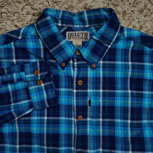 Duluth Trading Blue Plaid Men Sz XL Regular Oxford Long Sleeve Button Up Shirt
