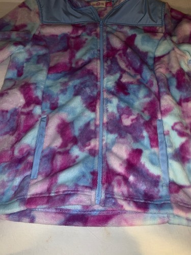 Size 14 SO Plush Faux Fur Tie Dye Zip Front Hooded Jacket White Blue Purple New - Picture 6 of 7