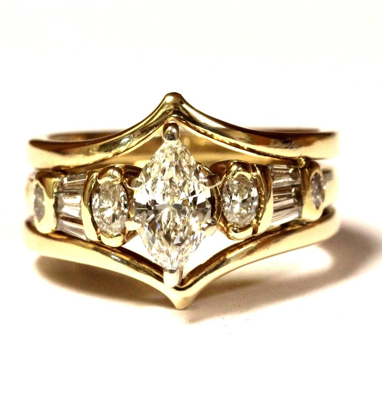 GIA 14k yellow gold .92ct marquise diamond engagement ring wedding band 6.7g