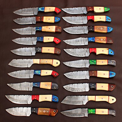 Lot Of 50 Handmade Damascus Steel Full Tang Skinner Hunting Knives - Various Handle Woods, Made In Pakistan