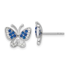 11.64mm Sterling Silver Rhodium-plated Blue  White CZ Butterfly Post Earrings