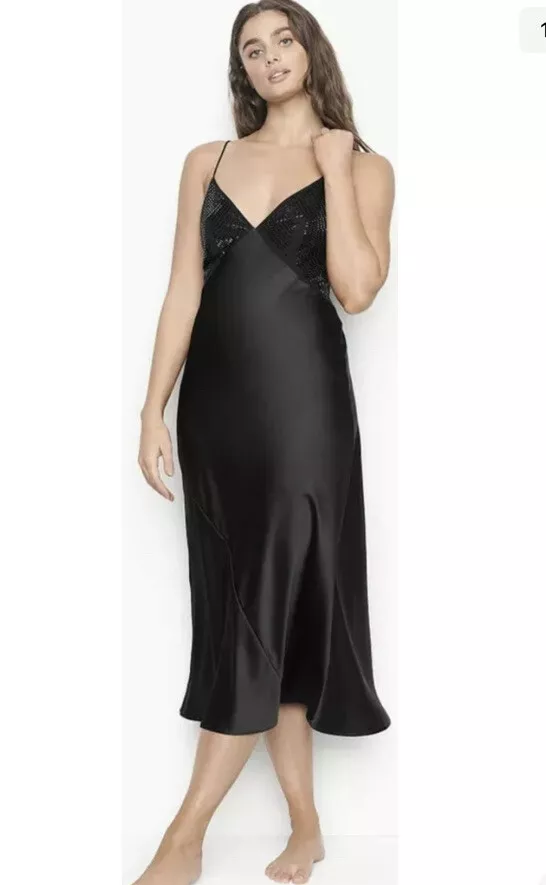 Victorias Secret VS Black Midi Slip Dress Satin Luxe Rhinestones