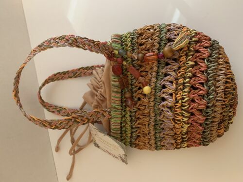 NWT Capelli Straworld crocheted straw drawstring bag multicolor bead accents - Picture 5 of 6