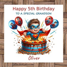 Personalised Birthday Card, A Super Hero And Cake Any Age, Any Relative & Name