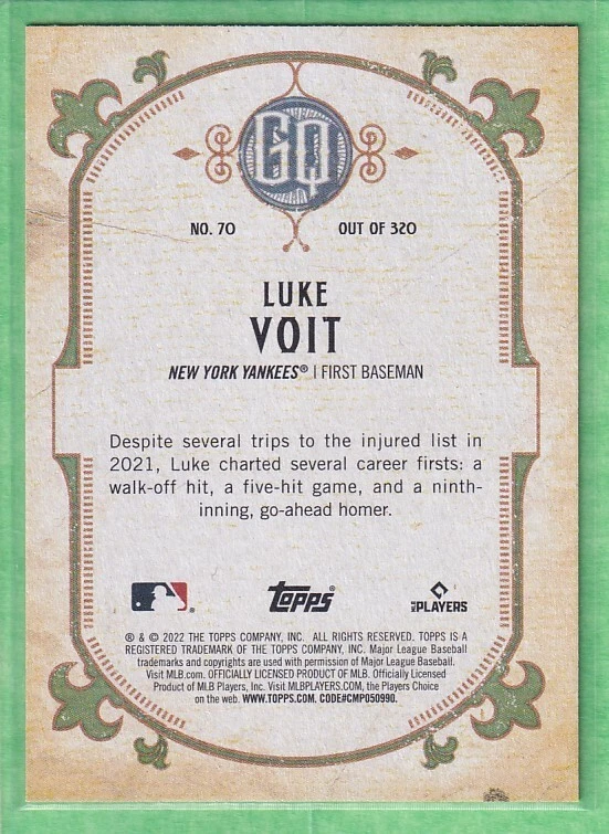 2022 Topps Gypsy Queen #70 Luke Voit New York Yankees - Image 2 of 2