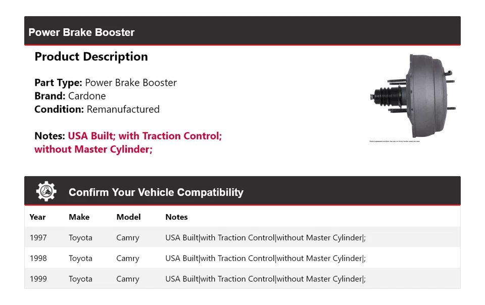 适用于 1997 - 1999 年丰田凯美瑞动力制动助推器 Cardone 1998 — 第 2/4 张图片