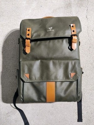 Vinta Camera Backpack Olive Green Canvas Leather Trim Laptop DSLR Travel Bag