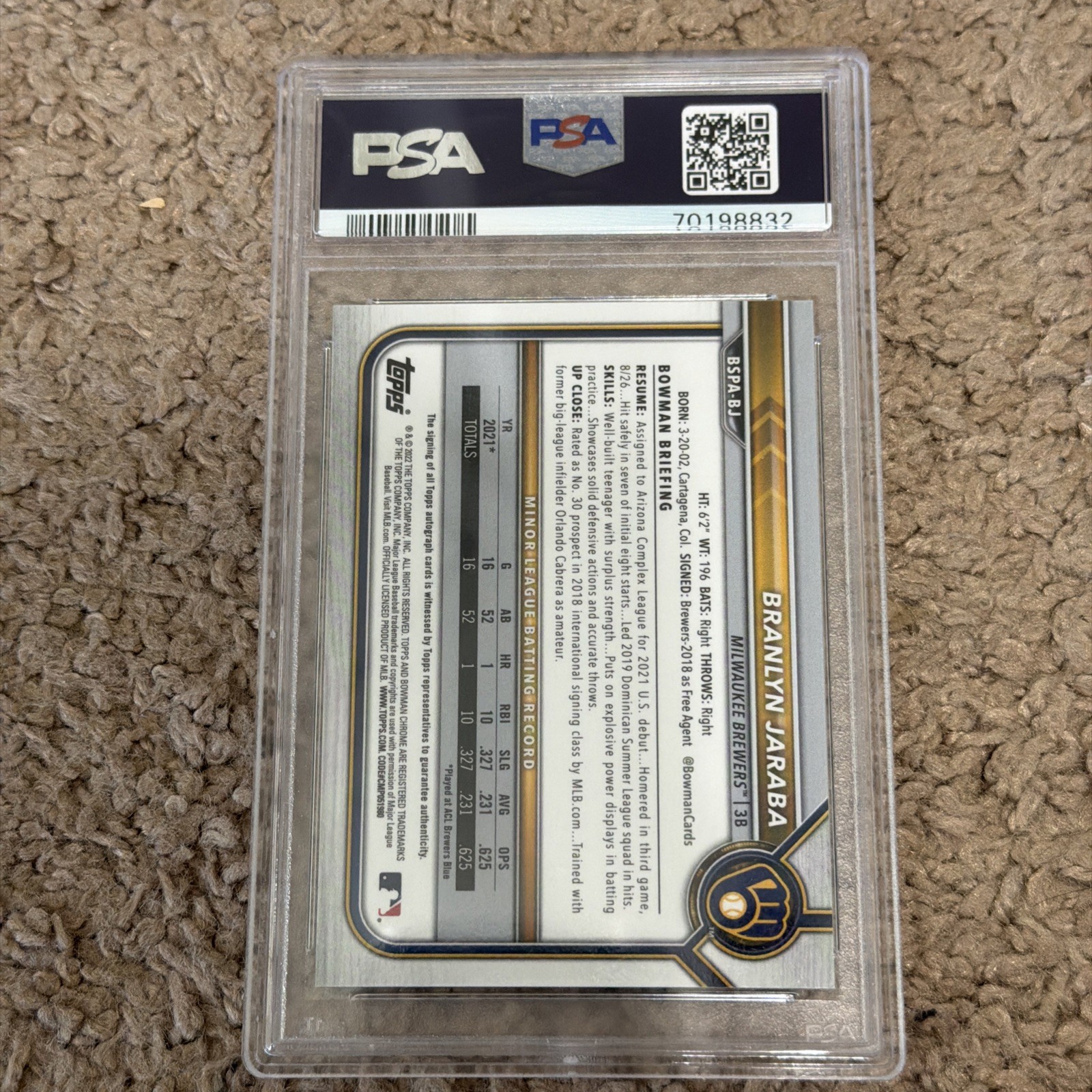 BRANLYN JARABA 2022 Bowman Sapphire Chrome Autograph Aqua #/99 PSA 9 MINT AUTO view 2