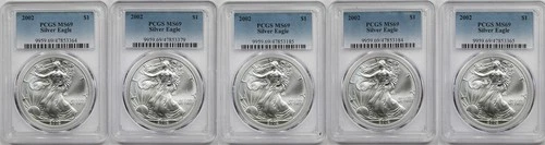 Lot 5 2002 Silver Eagle Dollar $1 PCGS MS 69 1 oz Fine Silver