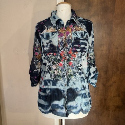 Alberto Makali Top Womens Xl Floral Print Tie Dye Crinkle Button Down Artsy