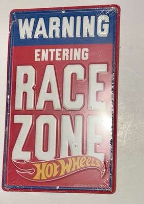 Hot Wheels Metal Sign Warning Entering Race Zone Embossed Tin 9.5x6 Mattel 2021