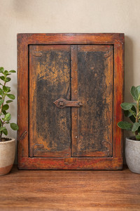 Antique Wooden Wall Décor Window Panel With Frame Original Old Rustic Painted